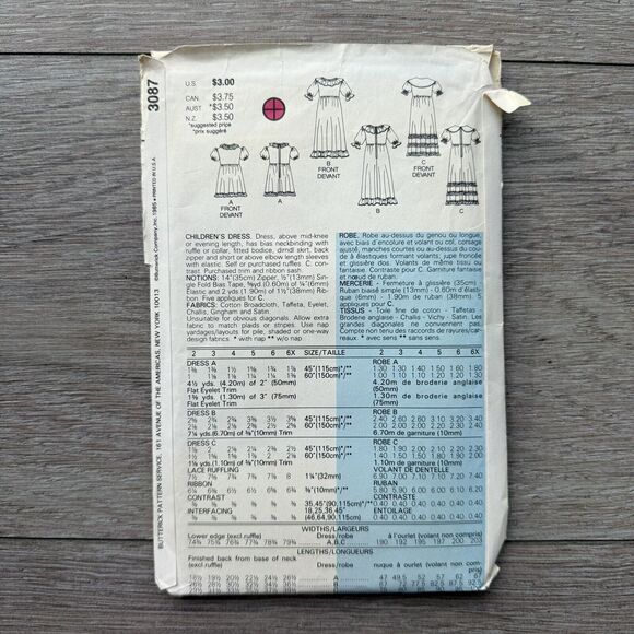 Vtg 80s Butterick 3087 Sewing Pattern Flower Girl Dress Pioneer Dress Size 3 UC - Picture 3 of 3